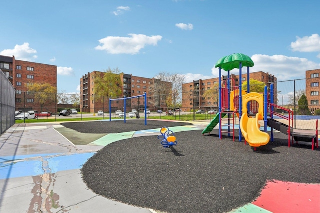 community jungle gym with fence