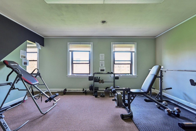 exercise room with crown molding, baseboards, and carpet floors
