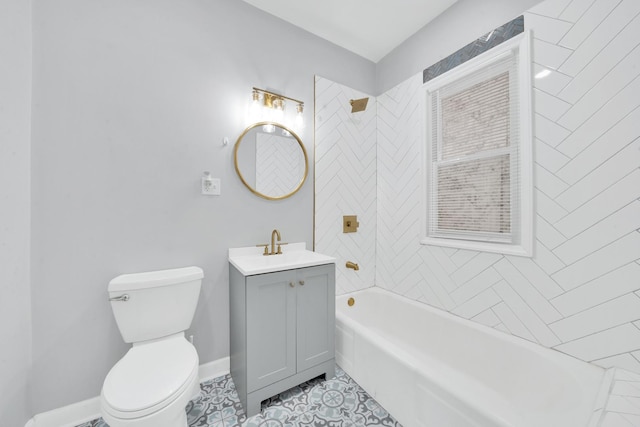 full bath with vanity, shower / bathing tub combination, tile patterned floors, toilet, and baseboards