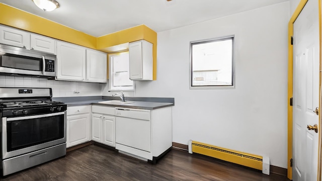 kitchen featuring a sink, white cabinets, dark wood-type flooring, baseboard heating, and appliances with stainless steel finishes