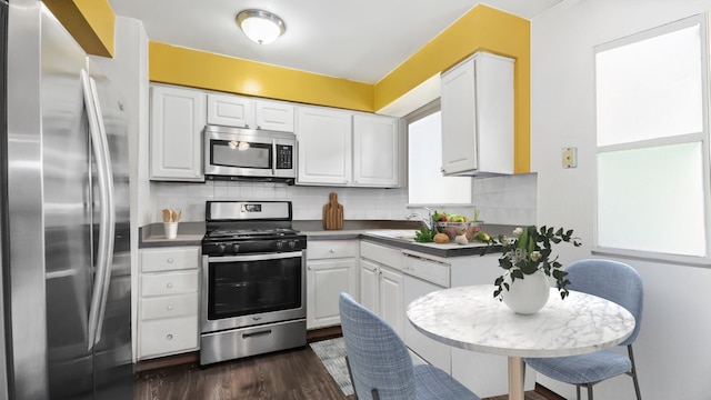 kitchen featuring stainless steel appliances, decorative backsplash, white cabinetry, and dark wood finished floors