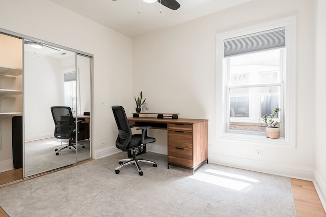 office area featuring baseboards, a ceiling fan, light wood finished floors, and a wealth of natural light