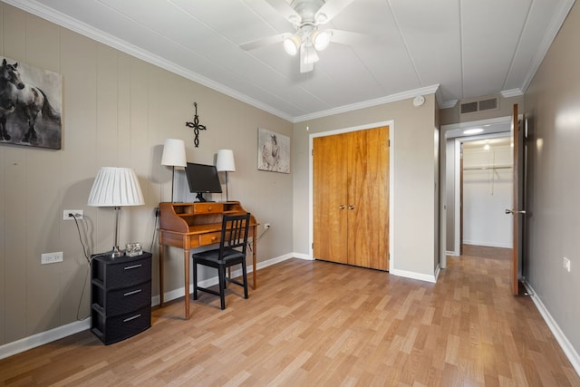 5540 Walnut Ave Unit 22C, Downers Grove, IL 60515 - home office with wood finished floors, a ceiling fan, ornamental molding, and baseboards