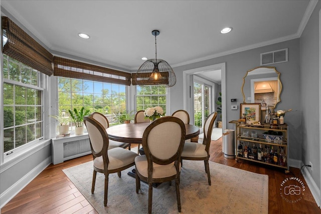 6N225 Circle Ave, Medinah, IL 60157 - dining room with ornamental molding, wood-type flooring, baseboards, recessed lighting, and radiator heating unit