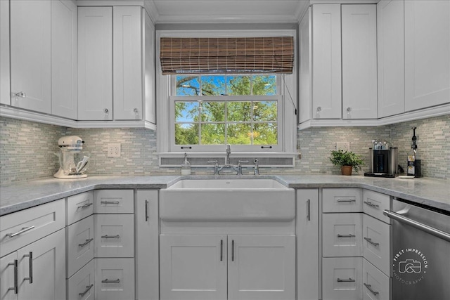 6N225 Circle Ave, Medinah, IL 60157 - kitchen with dishwasher, a sink, white cabinets, and backsplash