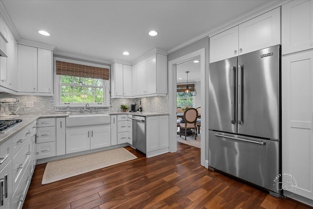 6N225 Circle Ave, Medinah, IL 60157 - kitchen featuring stainless steel appliances, a sink, crown molding, dark wood-style floors, and backsplash