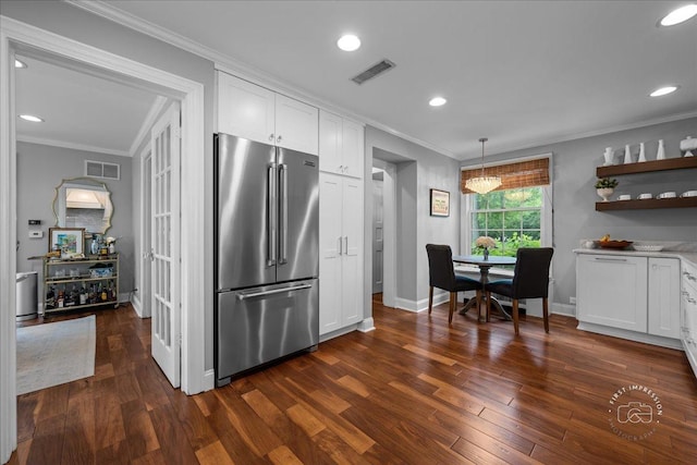 6N225 Circle Ave, Medinah, IL 60157 - kitchen featuring high quality fridge, dark wood-style floors, open shelves, white cabinetry, and crown molding