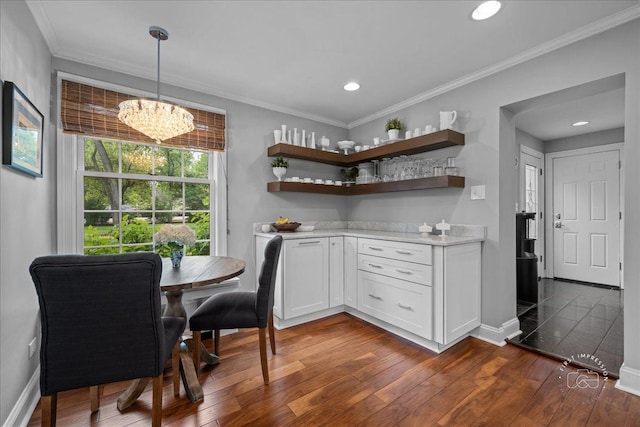 6N225 Circle Ave, Medinah, IL 60157 - dining space featuring dark wood-type flooring, a chandelier, crown molding, baseboards, and recessed lighting