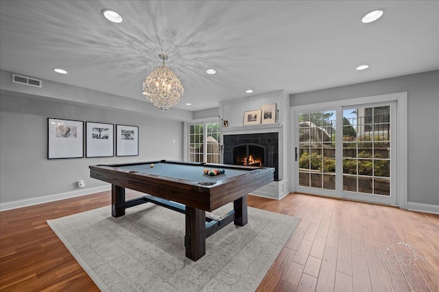 6N225 Circle Ave, Medinah, IL 60157 - recreation room featuring billiards table, recessed lighting, baseboards, a tiled fireplace, and wood finished floors
