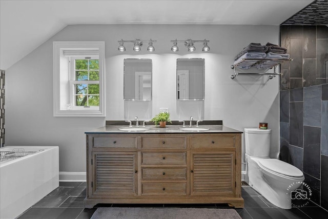6N225 Circle Ave, Medinah, IL 60157 - full bathroom with double vanity, toilet, vaulted ceiling, a bath, and baseboards