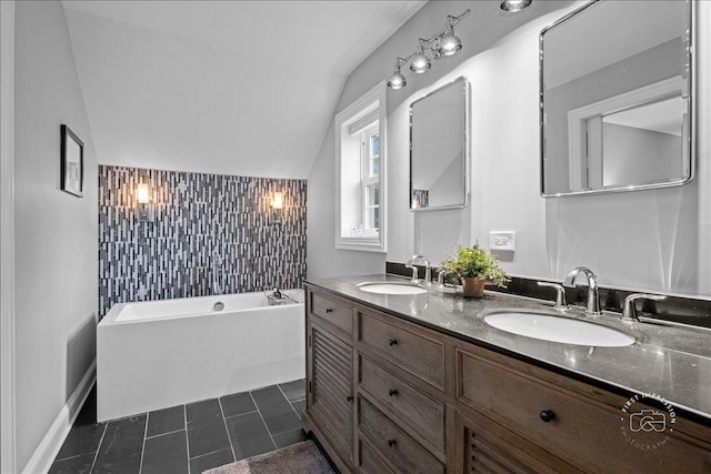 6N225 Circle Ave, Medinah, IL 60157 - bathroom with a bathtub, double vanity, lofted ceiling, and tile patterned flooring
