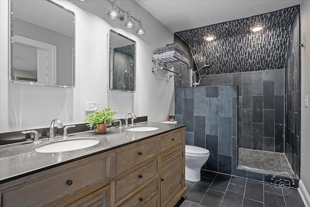 6N225 Circle Ave, Medinah, IL 60157 - bathroom featuring toilet, double vanity, walk in shower, and tile patterned flooring