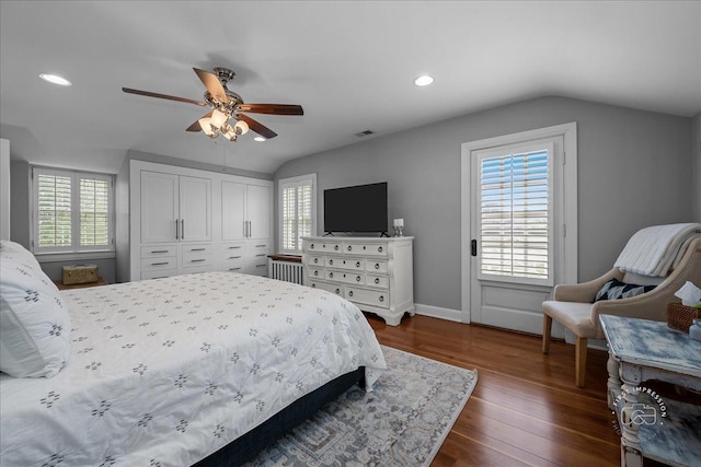 6N225 Circle Ave, Medinah, IL 60157 - bedroom with vaulted ceiling, multiple windows, dark wood-style flooring, recessed lighting, and ceiling fan