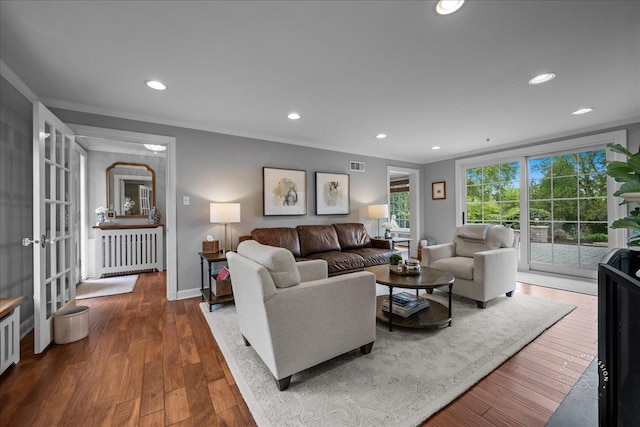 6N225 Circle Ave, Medinah, IL 60157 - living area featuring ornamental molding, recessed lighting, hardwood / wood-style floors, radiator, and baseboards