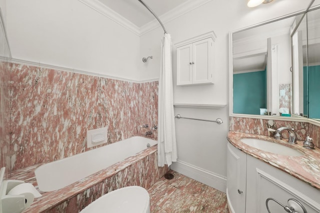bathroom with vanity, shower / bath combination with curtain, crown molding, toilet, and baseboards