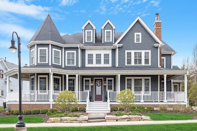 view of front of home featuring a chimney, covered porch, a front yard, and roof with shingles
