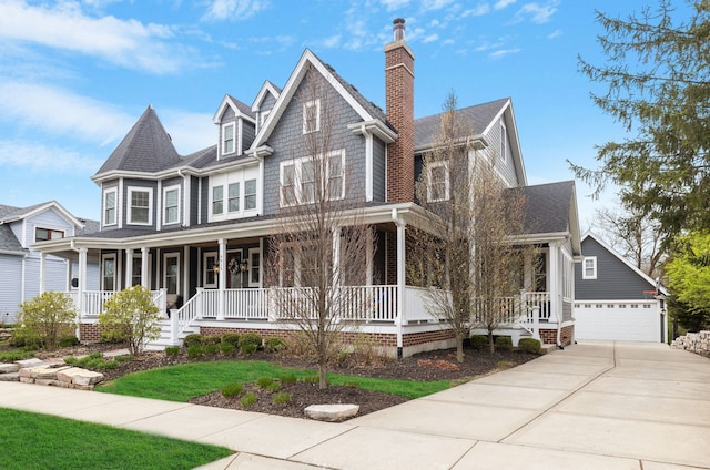 view of front of property with covered porch, a garage, an outbuilding, driveway, and a chimney
