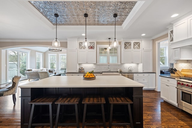 kitchen with a tray ceiling, appliances with stainless steel finishes, crown molding, a kitchen bar, and a sink