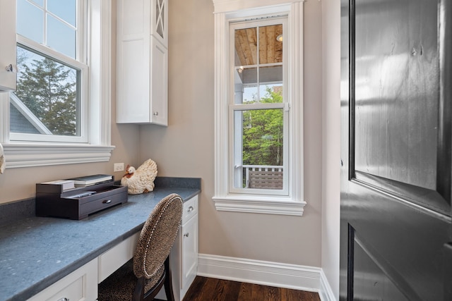 home office featuring built in desk, baseboards, and dark wood-style floors