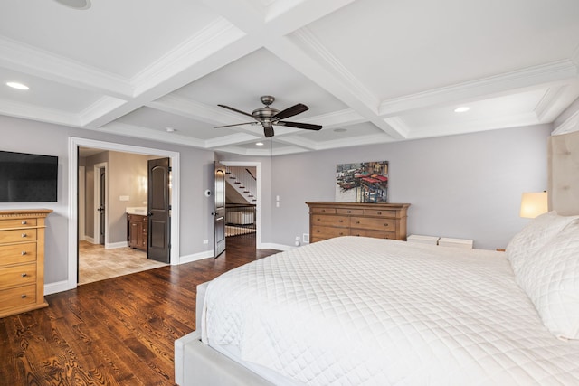bedroom featuring coffered ceiling, wood finished floors, recessed lighting, beam ceiling, and crown molding