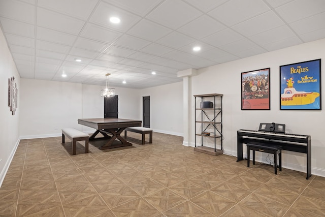 game room with recessed lighting and baseboards