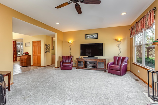 12941 Grande Poplar Cir, Plainfield, IL 60585 - carpeted living area featuring baseboards, visible vents, a ceiling fan, and recessed lighting