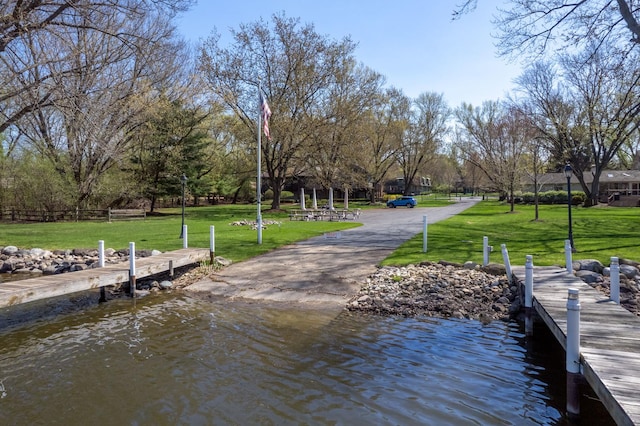 dock area with a lawn