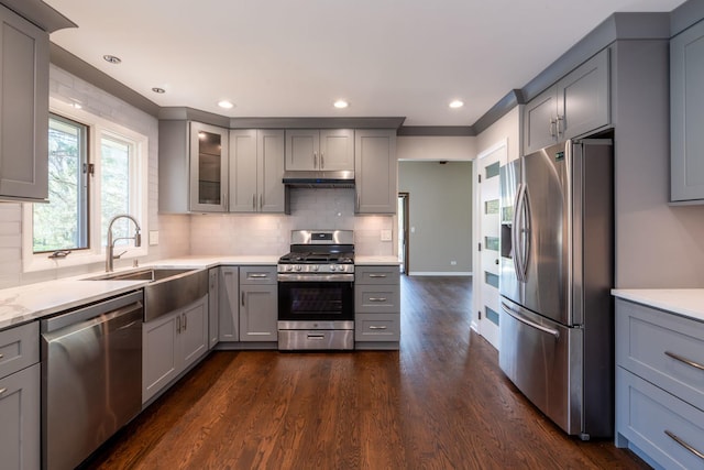 kitchen featuring gray cabinets, stainless steel appliances, and under cabinet range hood