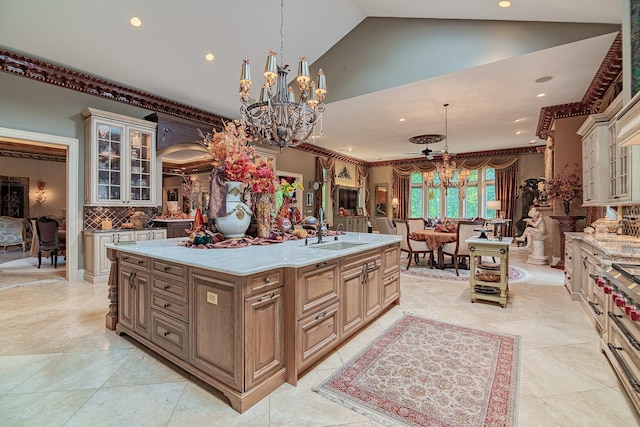 113 Carmela Ct, Bloomingdale, IL 60108 - kitchen with a chandelier, recessed lighting, backsplash, glass insert cabinets, and light countertops