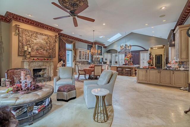 113 Carmela Ct, Bloomingdale, IL 60108 - living area with arched walkways, ceiling fan, a chandelier, a high end fireplace, and recessed lighting