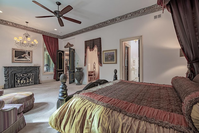 113 Carmela Ct, Bloomingdale, IL 60108 - carpeted bedroom with a chandelier, ornamental molding, connected bathroom, recessed lighting, and a fireplace