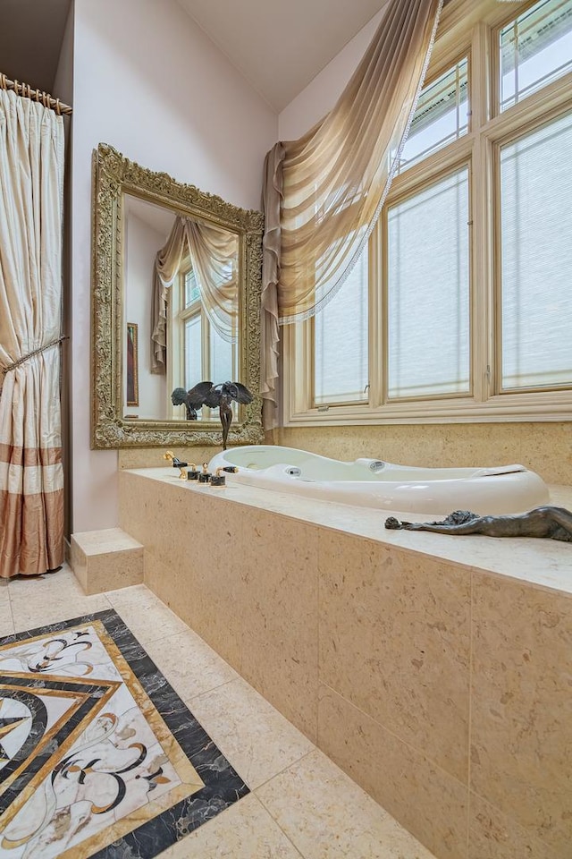 113 Carmela Ct, Bloomingdale, IL 60108 - full bathroom featuring inlaid floor details, a tub, and vaulted ceiling