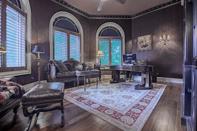 113 Carmela Ct, Bloomingdale, IL 60108 - office with ceiling fan, wood finished floors, crown molding, and a textured wall