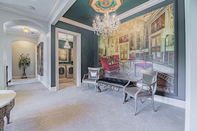 113 Carmela Ct, Bloomingdale, IL 60108 - sitting room featuring washing machine and clothes dryer, a chandelier, arched walkways, carpet, and crown molding