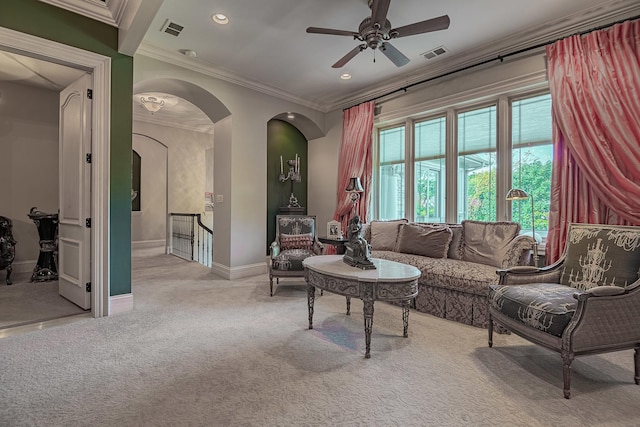113 Carmela Ct, Bloomingdale, IL 60108 - carpeted living area with arched walkways, ceiling fan, crown molding, and recessed lighting