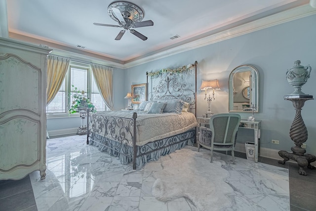 113 Carmela Ct, Bloomingdale, IL 60108 - bedroom with ornamental molding, ceiling fan, and marble finish flooring