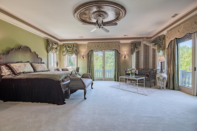 113 Carmela Ct, Bloomingdale, IL 60108 - carpeted bedroom featuring access to exterior, crown molding, and ceiling fan