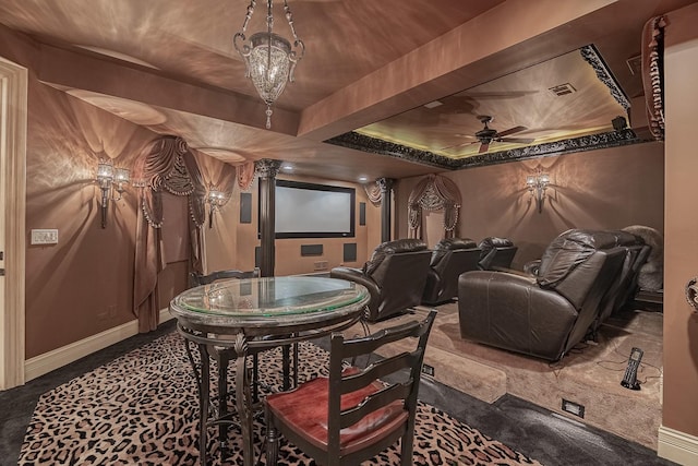 113 Carmela Ct, Bloomingdale, IL 60108 - cinema room featuring carpet flooring, ceiling fan, and decorative columns
