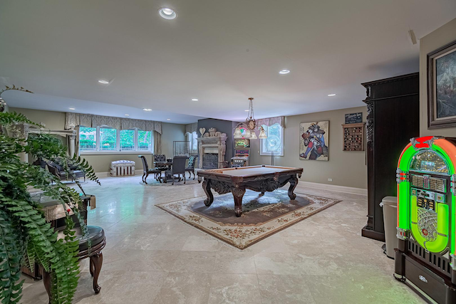 113 Carmela Ct, Bloomingdale, IL 60108 - game room with pool table, recessed lighting, and a fireplace