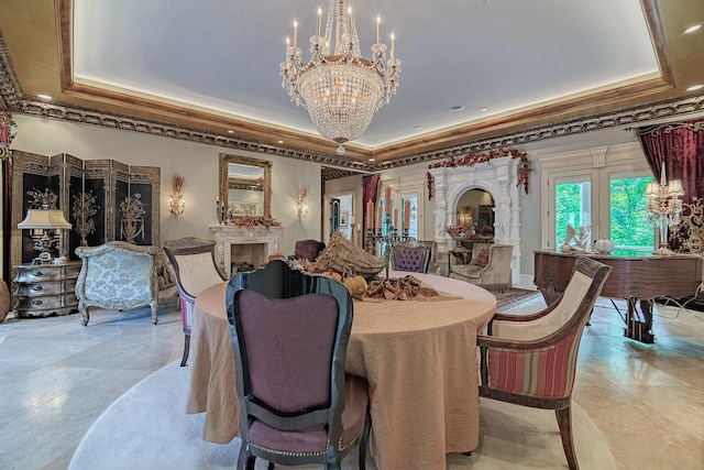 113 Carmela Ct, Bloomingdale, IL 60108 - dining room with a raised ceiling, a chandelier, ornamental molding, and recessed lighting