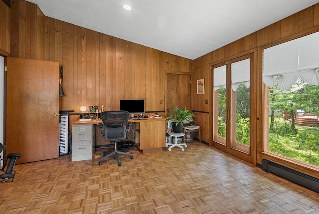 2110 Heather Rd, Geneva, IL 60134 - office space with a baseboard heating unit, wooden walls, and lofted ceiling