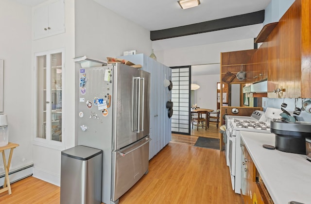 2110 Heather Rd, Geneva, IL 60134 - kitchen featuring gas range gas stove, a baseboard radiator, light wood-type flooring, freestanding refrigerator, and beam ceiling