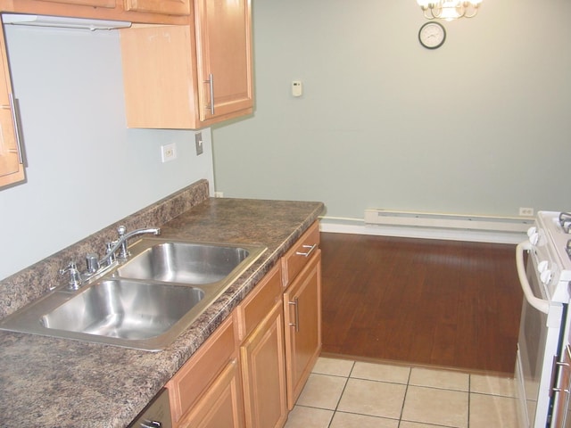 1810 W Hatherleigh Ct Unit 2B, Mount Prospect, IL 60056 - kitchen featuring light tile patterned floors, range, a sink, a baseboard radiator, and dark countertops