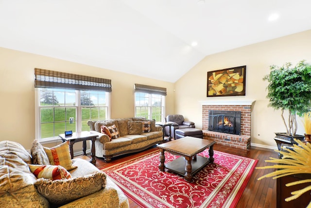 35 Open Pkwy N, Hawthorn Woods, IL 60047 - living room with vaulted ceiling, a fireplace, dark wood finished floors, recessed lighting, and baseboards