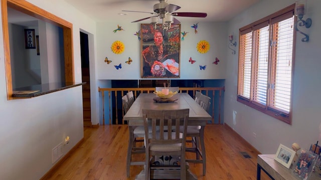 dining room with visible vents, ceiling fan, and light wood finished floors