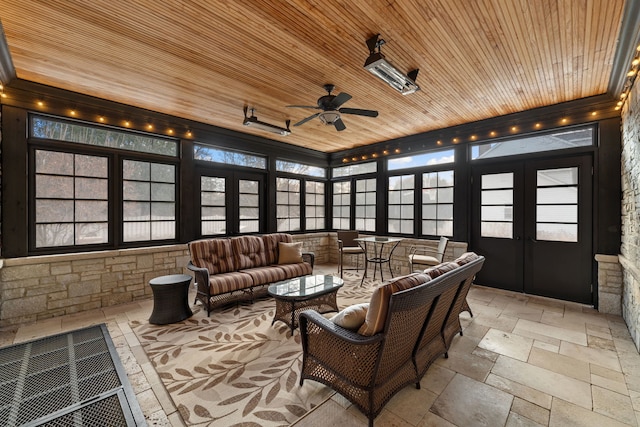 26W051 W Mohican Dr, Wheaton, IL 60189 - interior space with stone tile floors, wooden ceiling, and ceiling fan