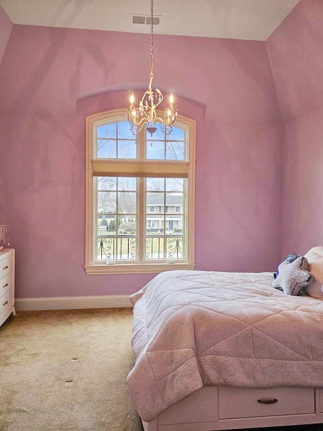 26W051 W Mohican Dr, Wheaton, IL 60189 - carpeted bedroom featuring vaulted ceiling, a notable chandelier, visible vents, and baseboards
