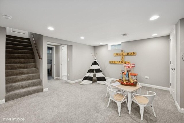 rec room featuring carpet flooring, recessed lighting, baseboards, and visible vents