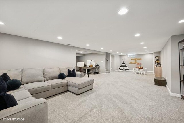 living room with carpet flooring, recessed lighting, baseboards, and stairway