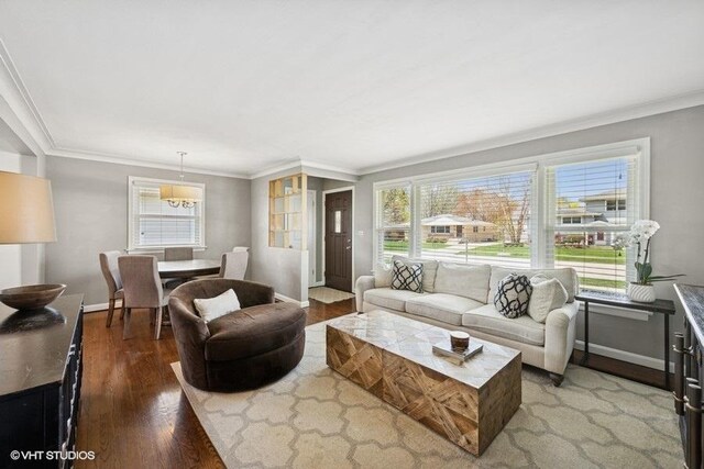 living area with baseboards, ornamental molding, and wood finished floors